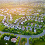 Aerial panorama view of a small town city home roofs at suburban residential quarters an New Jersey USA